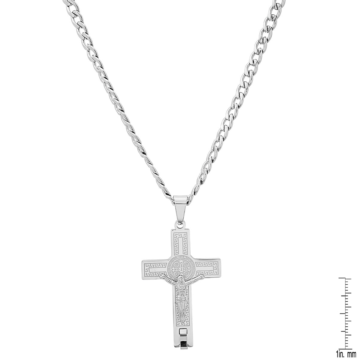 Stainless Steel St. Benedict Crucifix Pendant With Greek Key Accents