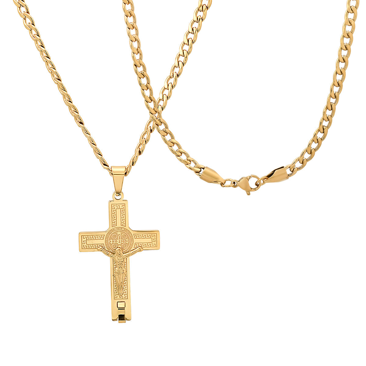 Stainless Steel St. Benedict Crucifix Pendant With Greek Key Accents