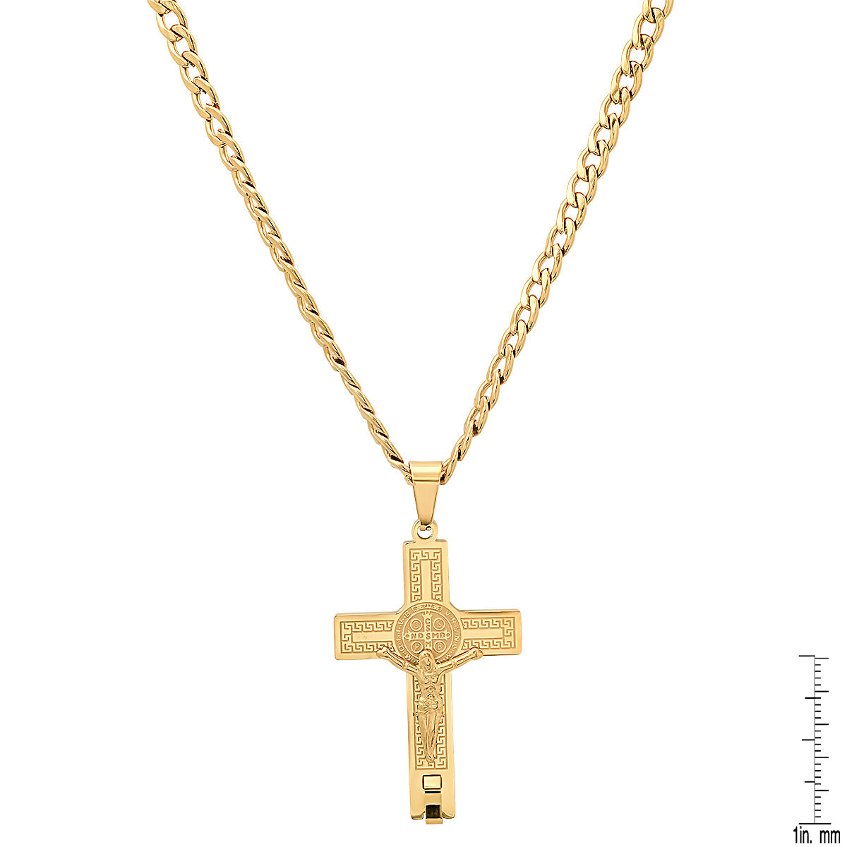 Stainless Steel St. Benedict Crucifix Pendant With Greek Key Accents