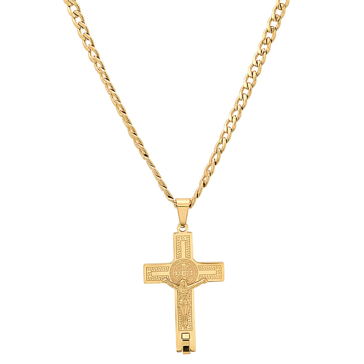 Stainless Steel St. Benedict Crucifix Pendant With Greek Key Accents
