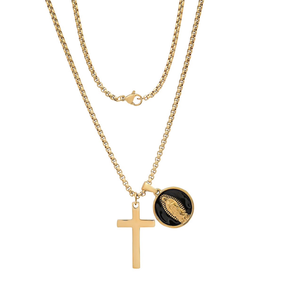 18K Gold Plated Stainless Steel And Black Enamel Our Lady Of Guadalupe And Cross Pendants