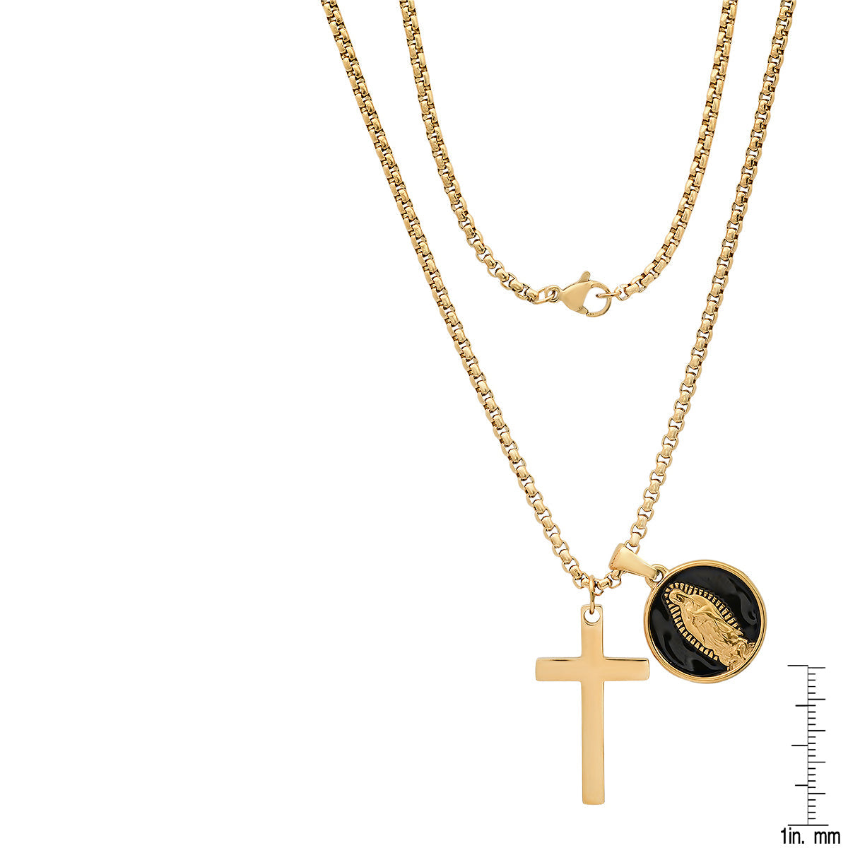 18K Gold Plated Stainless Steel And Black Enamel Our Lady Of Guadalupe And Cross Pendants