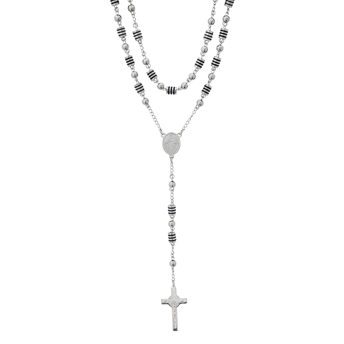 Stainless Steel And Black Rubber Rosasry Necklace