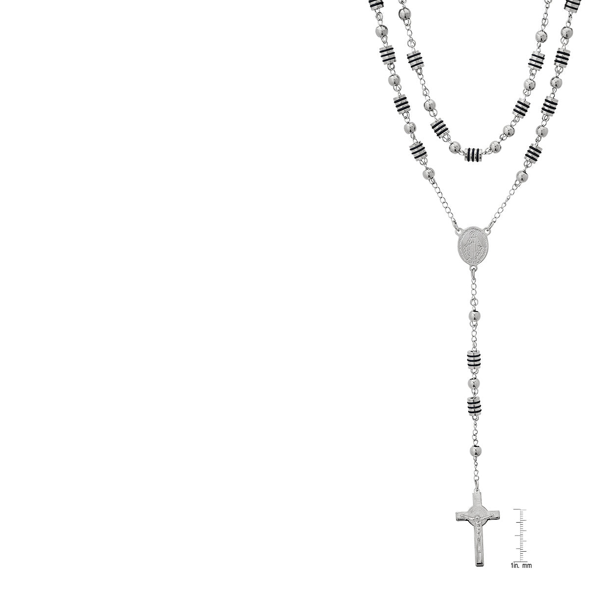 Stainless Steel And Black Rubber Rosasry Necklace