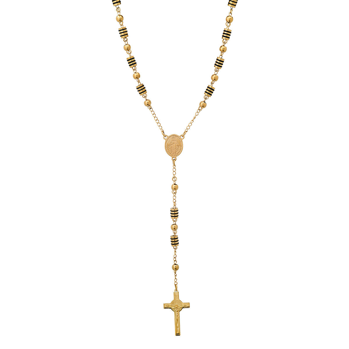 Stainless Steel And Black Rubber Rosasry Necklace