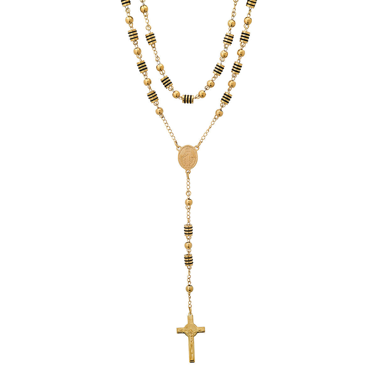 Stainless Steel And Black Rubber Rosasry Necklace