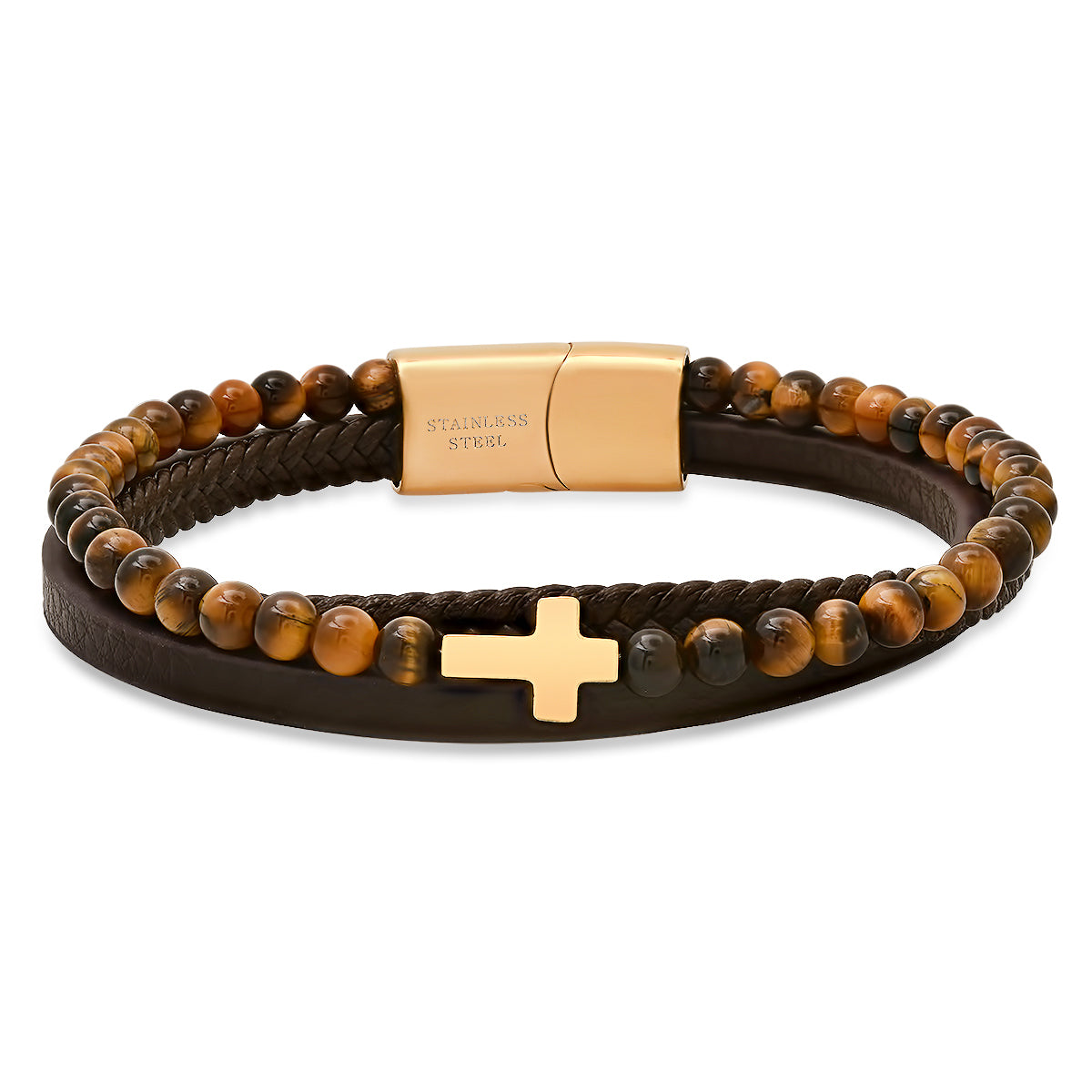 Brown Leather, Tiger Eye Beads And 18K Gold Plated Stainless Steel Layered Bracelet