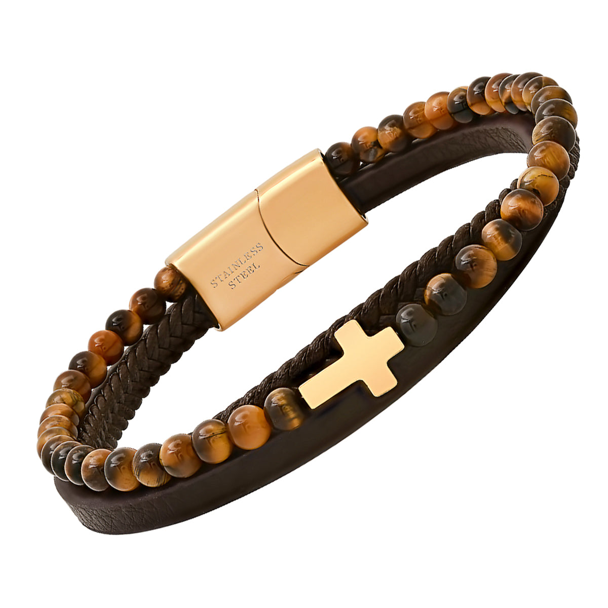 Brown Leather, Tiger Eye Beads And 18K Gold Plated Stainless Steel Layered Bracelet
