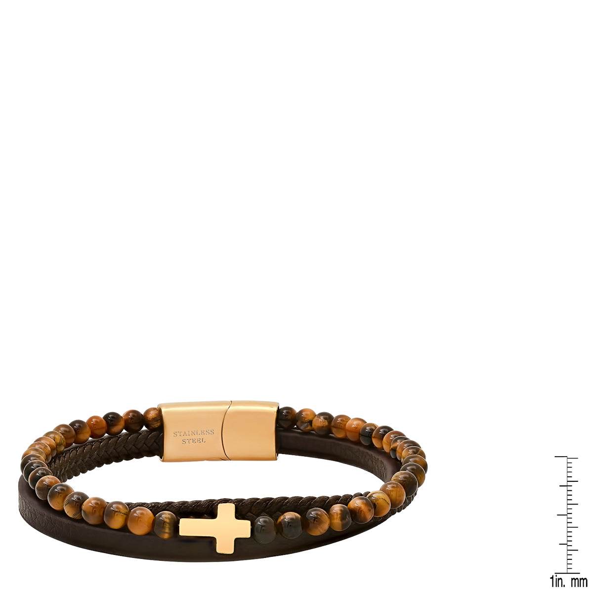 Brown Leather, Tiger Eye Beads And 18K Gold Plated Stainless Steel Layered Bracelet