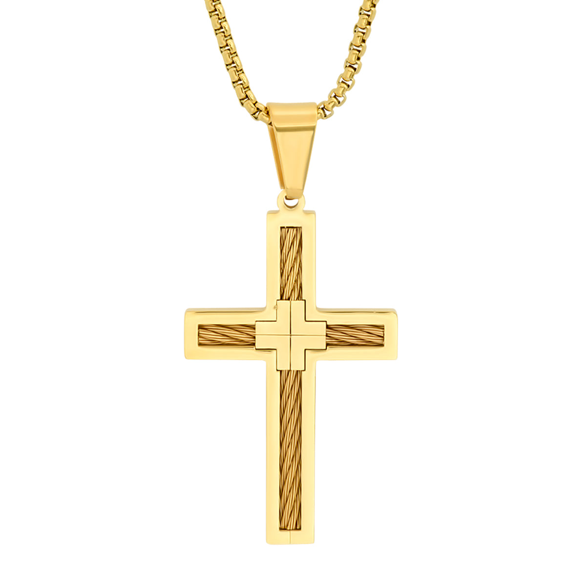 18K Gold Plated Stainless Steel Inlay Wire Cable Cross Pendant