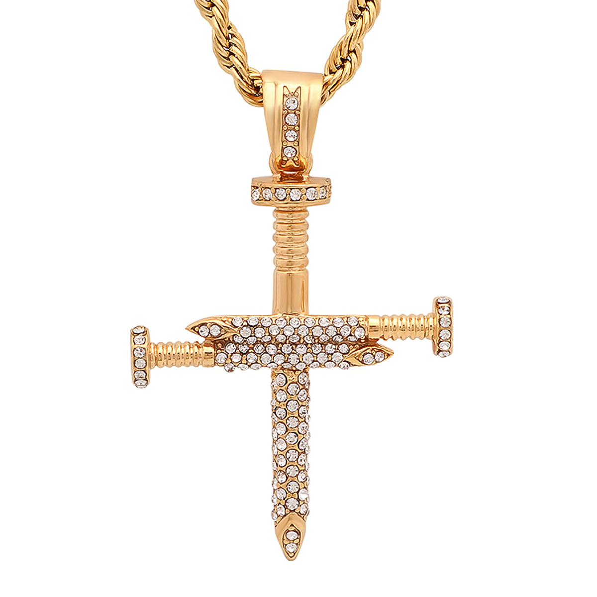 18K Gold Plated Stainless Steel Simulated Diamond Nail Style Cross Pendant