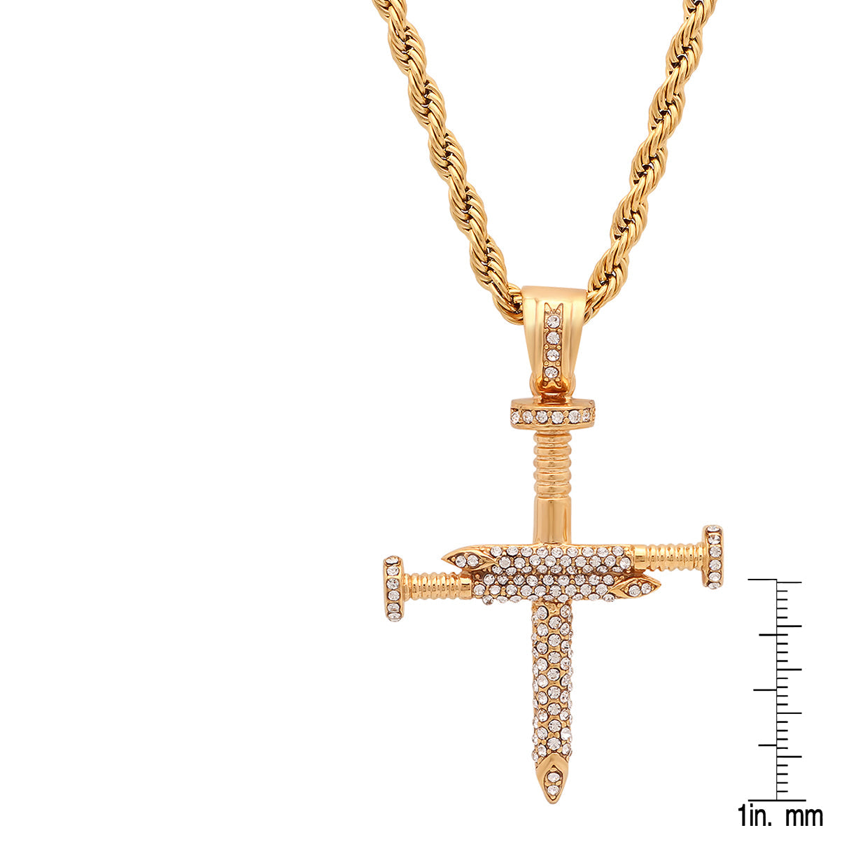 18K Gold Plated Stainless Steel Simulated Diamond Nail Style Cross Pendant