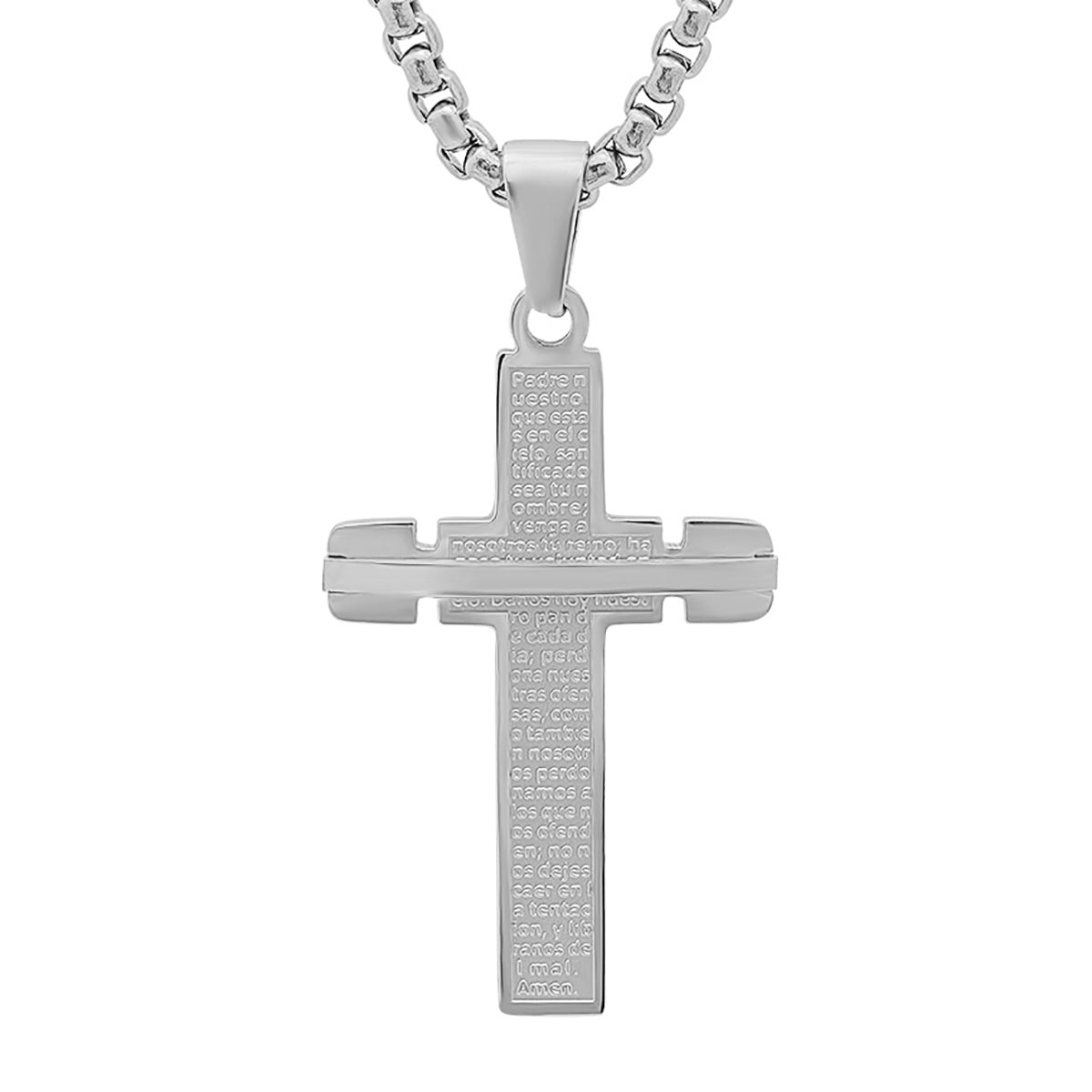Stainless Steel Padre Nuestro Cross Pendant With Bar