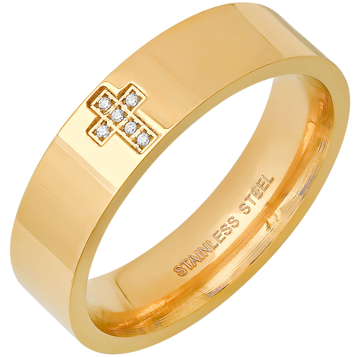 18K Gold Plated Stainless Steel And Simulated Diamonds Cross Band Ring