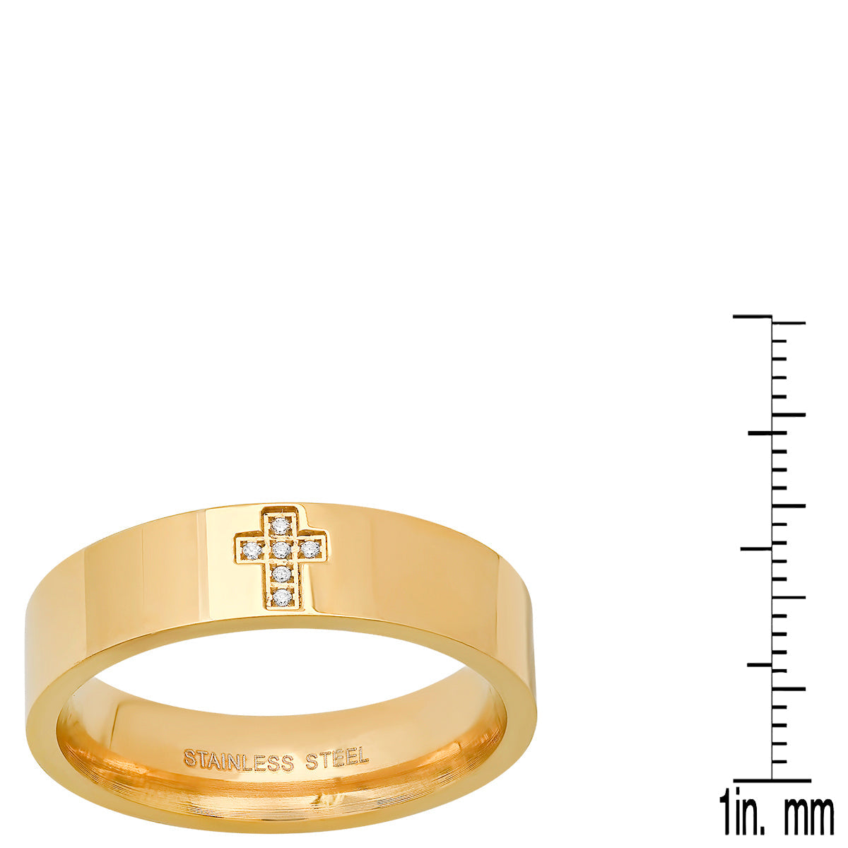 18K Gold Plated Stainless Steel And Simulated Diamonds Cross Band Ring