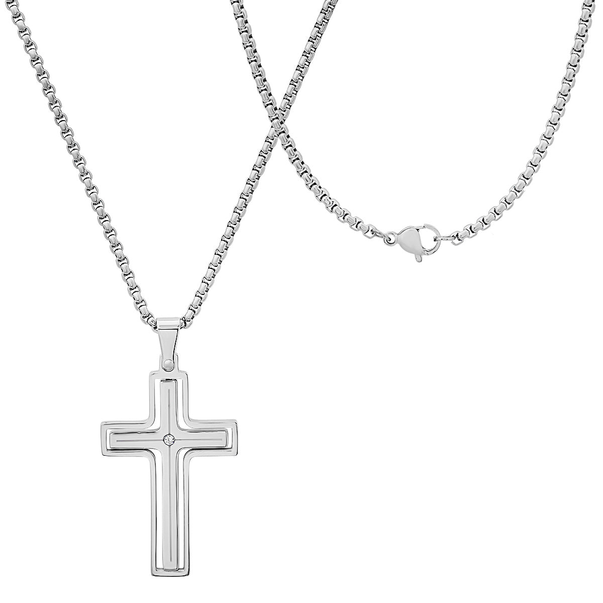 Black Ip Stainless Steel And Simulated Diamond Spinning Cross Pendant