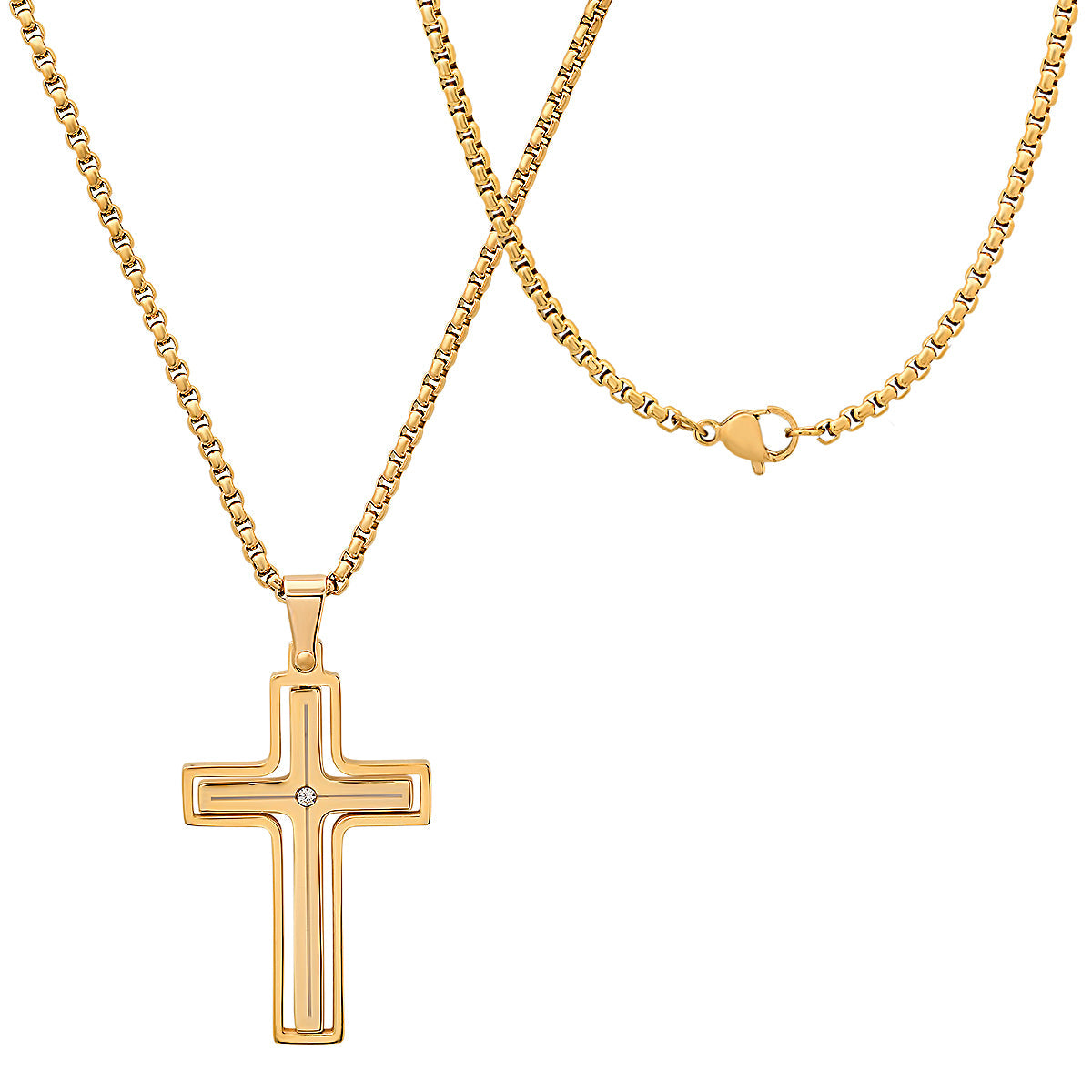 Black Ip Stainless Steel And Simulated Diamond Spinning Cross Pendant