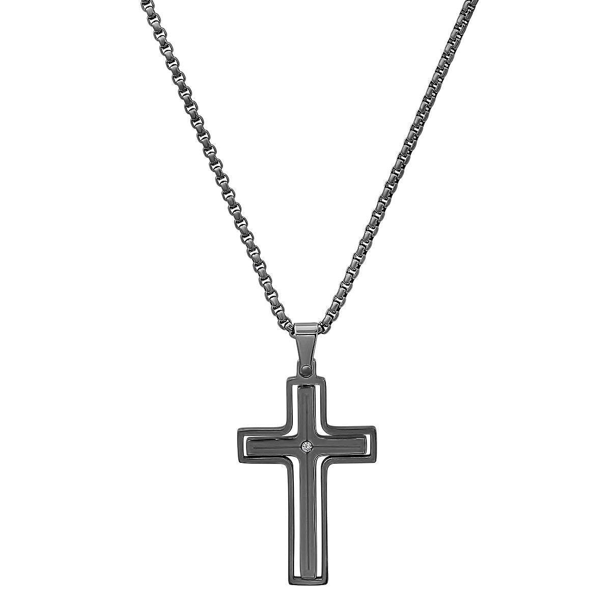 Black Ip Stainless Steel And Simulated Diamond Spinning Cross Pendant