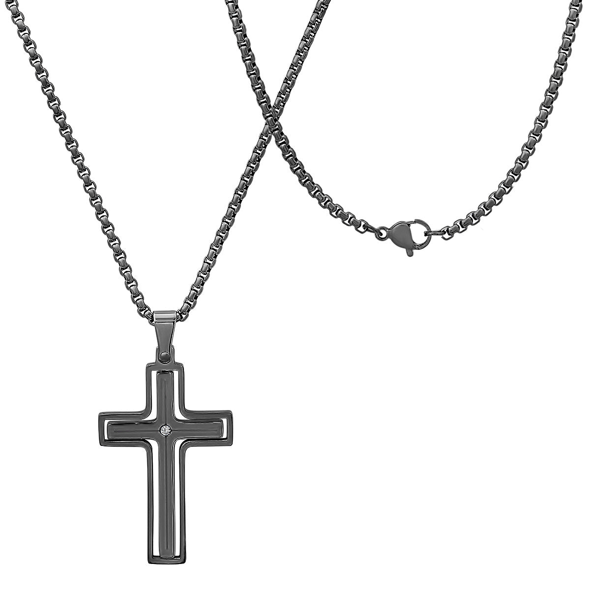 Black Ip Stainless Steel And Simulated Diamond Spinning Cross Pendant