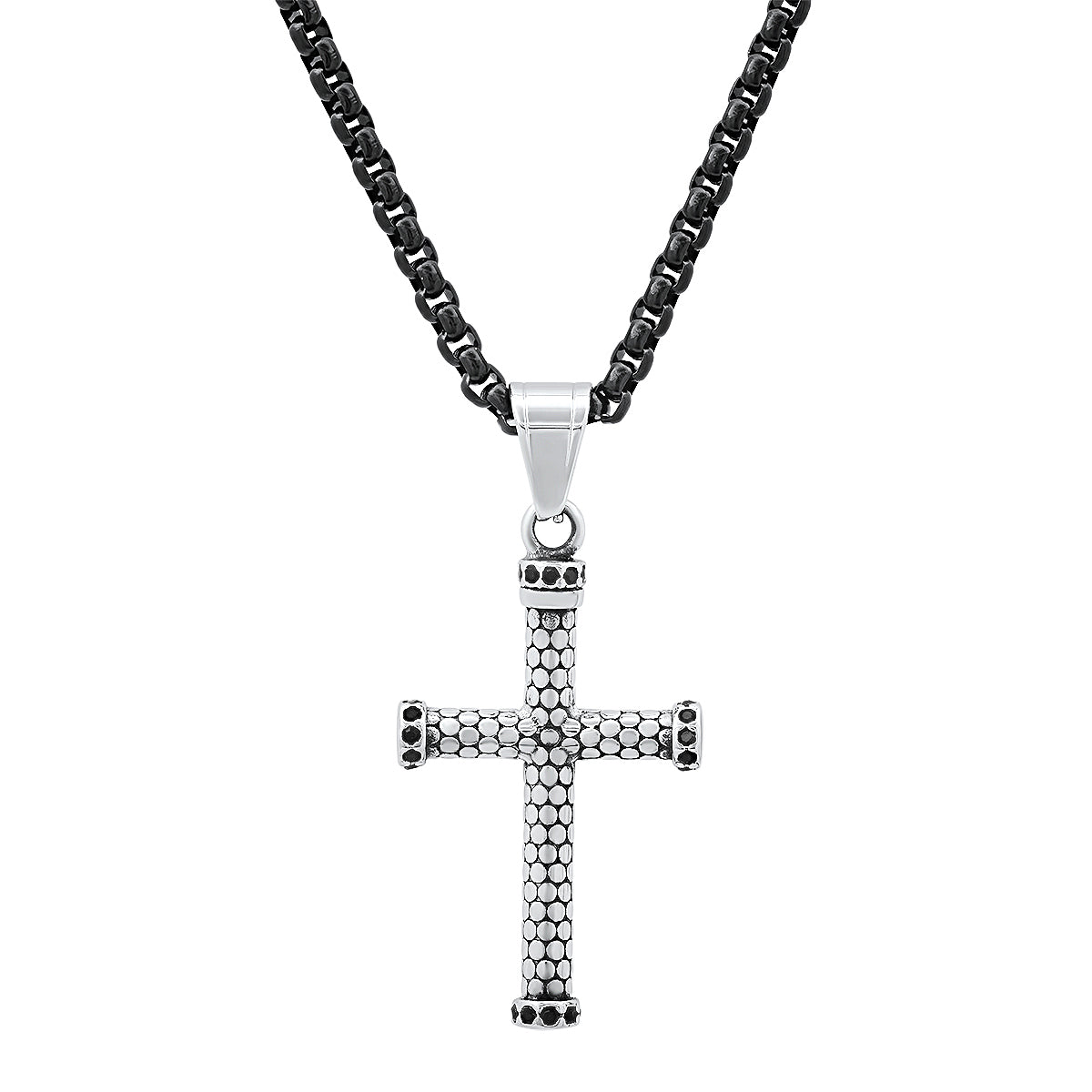 Two Tone Black Ip And Stainless Steel Cross Pendant With Simulated Black Diamonds