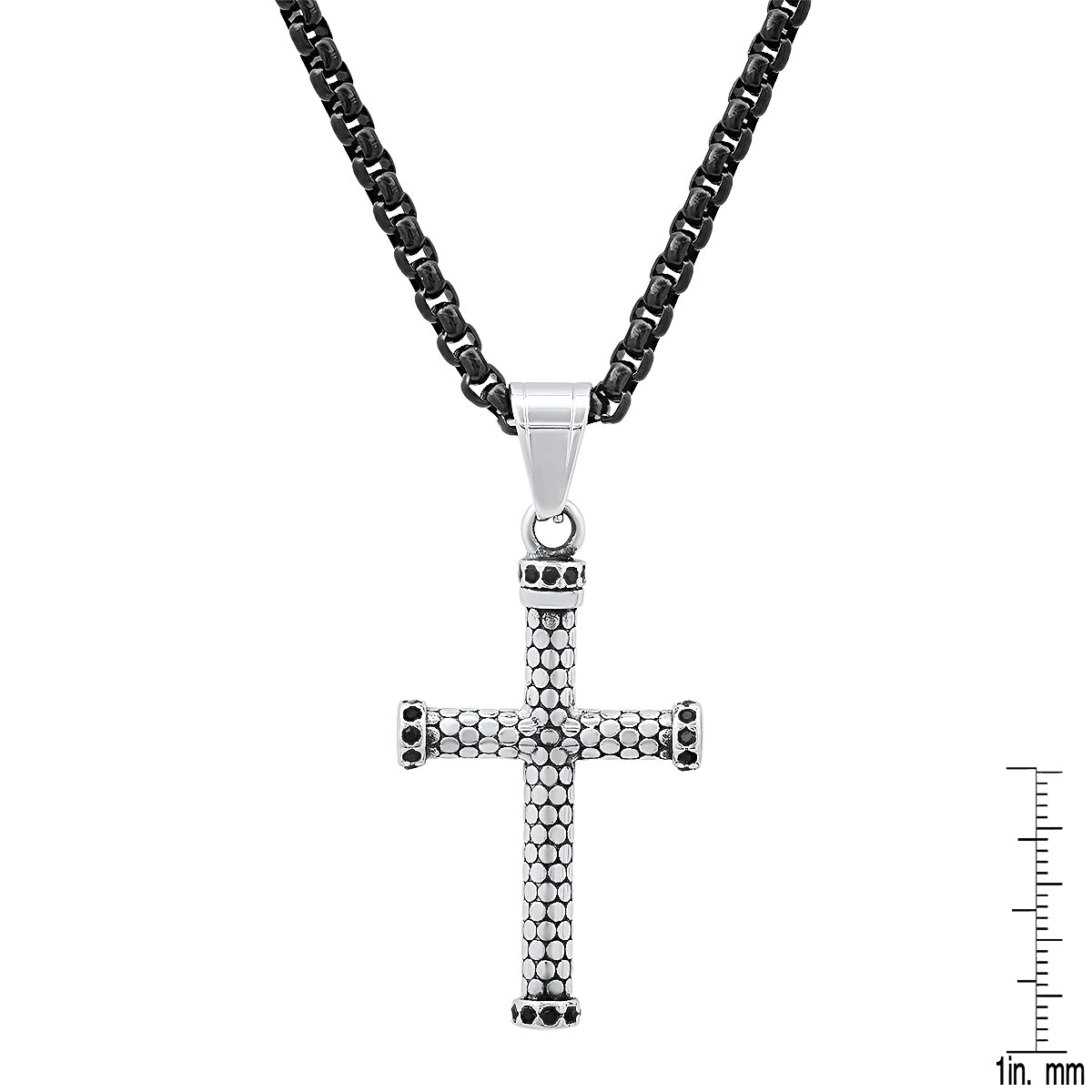 Two Tone Black Ip And Stainless Steel Cross Pendant With Simulated Black Diamonds