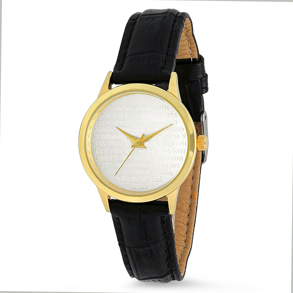 Ladies Metallic Alloy Padre Nuestro Spanish Prayer Watch With Stainless Steel Backing And Black Bicast Leather Strap