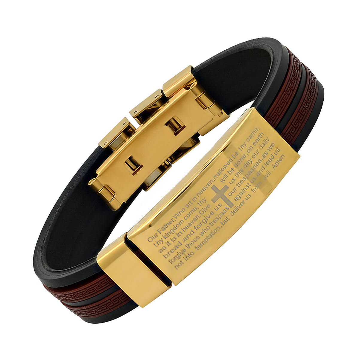 Black & Wine Rubber And 18K Gold Plated Stainless Steel Our Father English Prayer Id Bracelet With Greek Key Accents