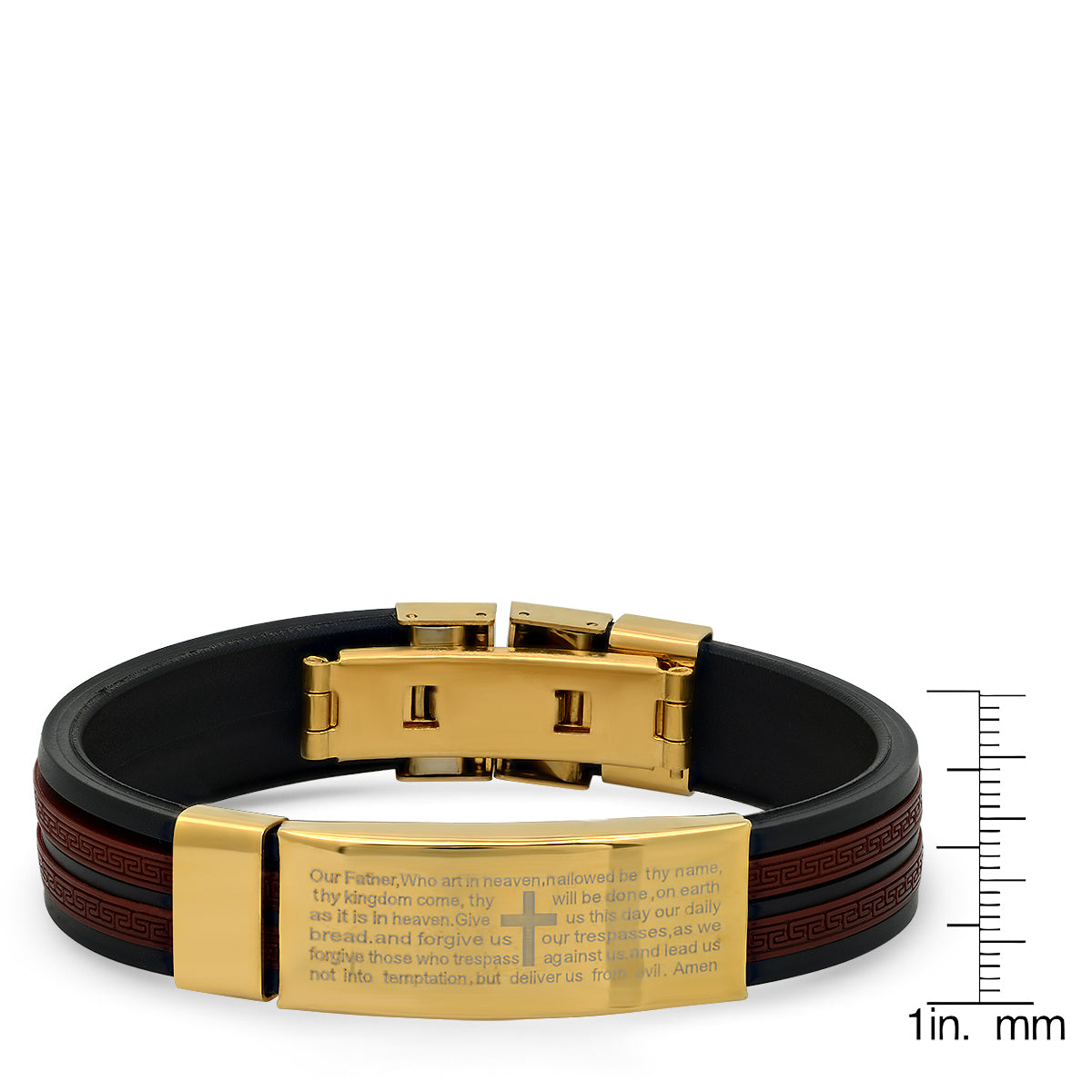 Black & Wine Rubber And 18K Gold Plated Stainless Steel Our Father English Prayer Id Bracelet With Greek Key Accents