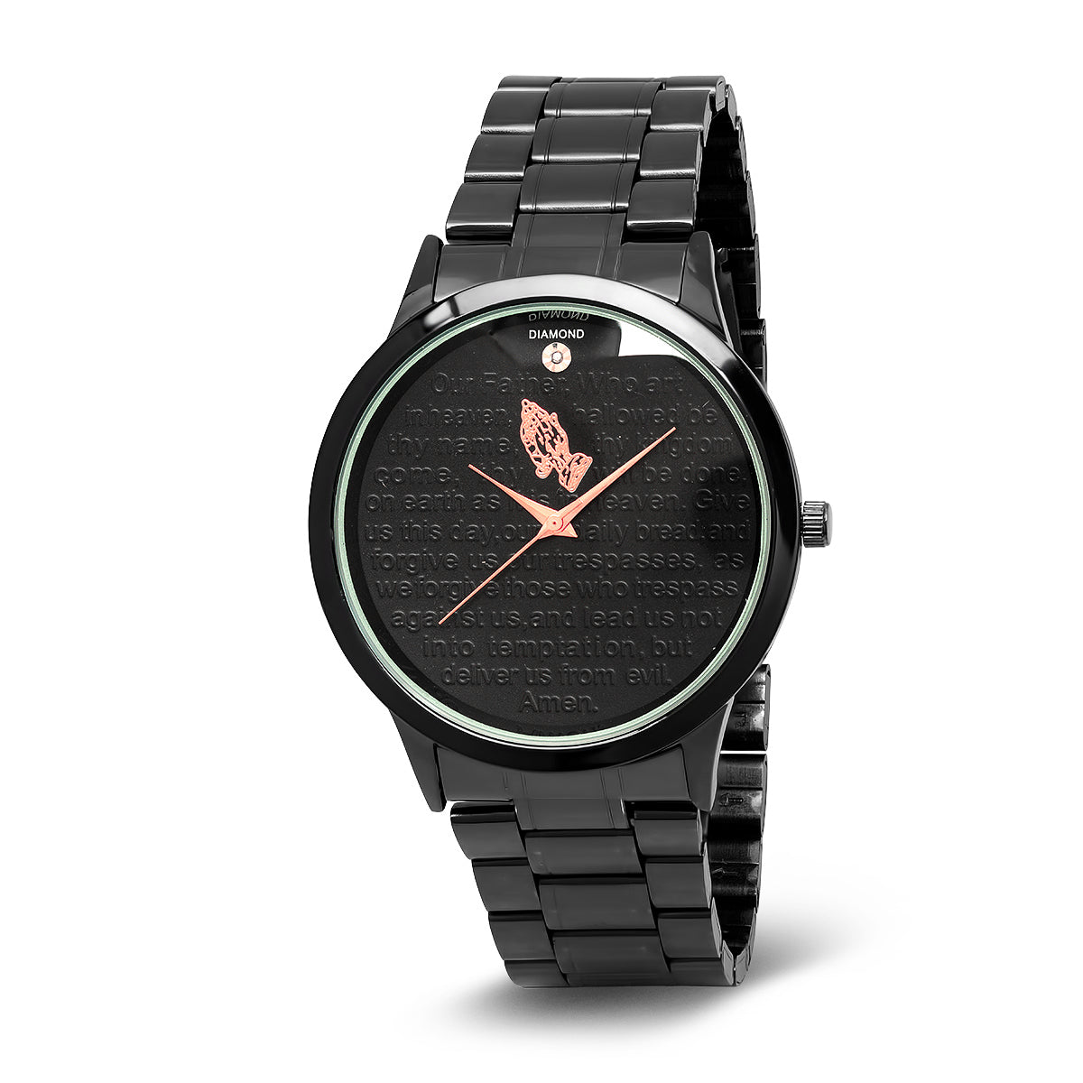 Black Ip Stainless Steel Strap Watch With Black Alloy Face With Rose Gold Prayer Hands And Genuine Diamond