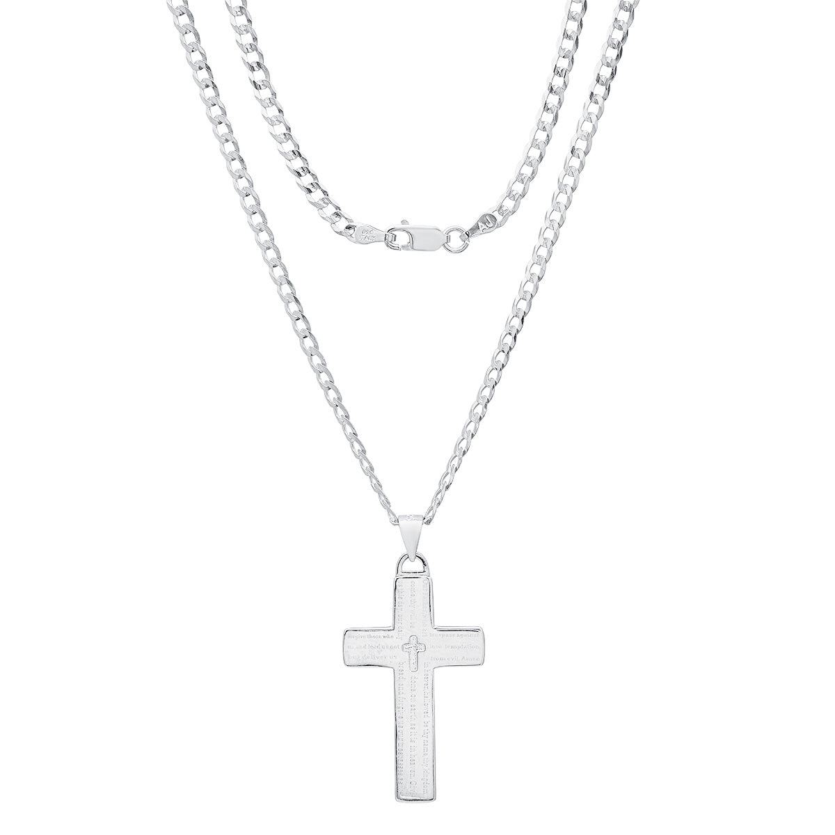 Unisex Sterling Silver Cuban Super Flat Chain And Lord'S Prayer Cross Pendant