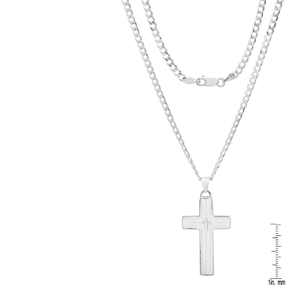 Unisex Sterling Silver Cuban Super Flat Chain And Lord'S Prayer Cross Pendant