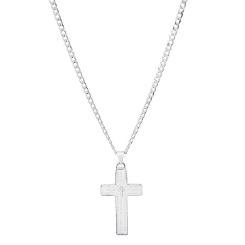 Unisex Sterling Silver Cuban Super Flat Chain And Lord'S Prayer Cross Pendant