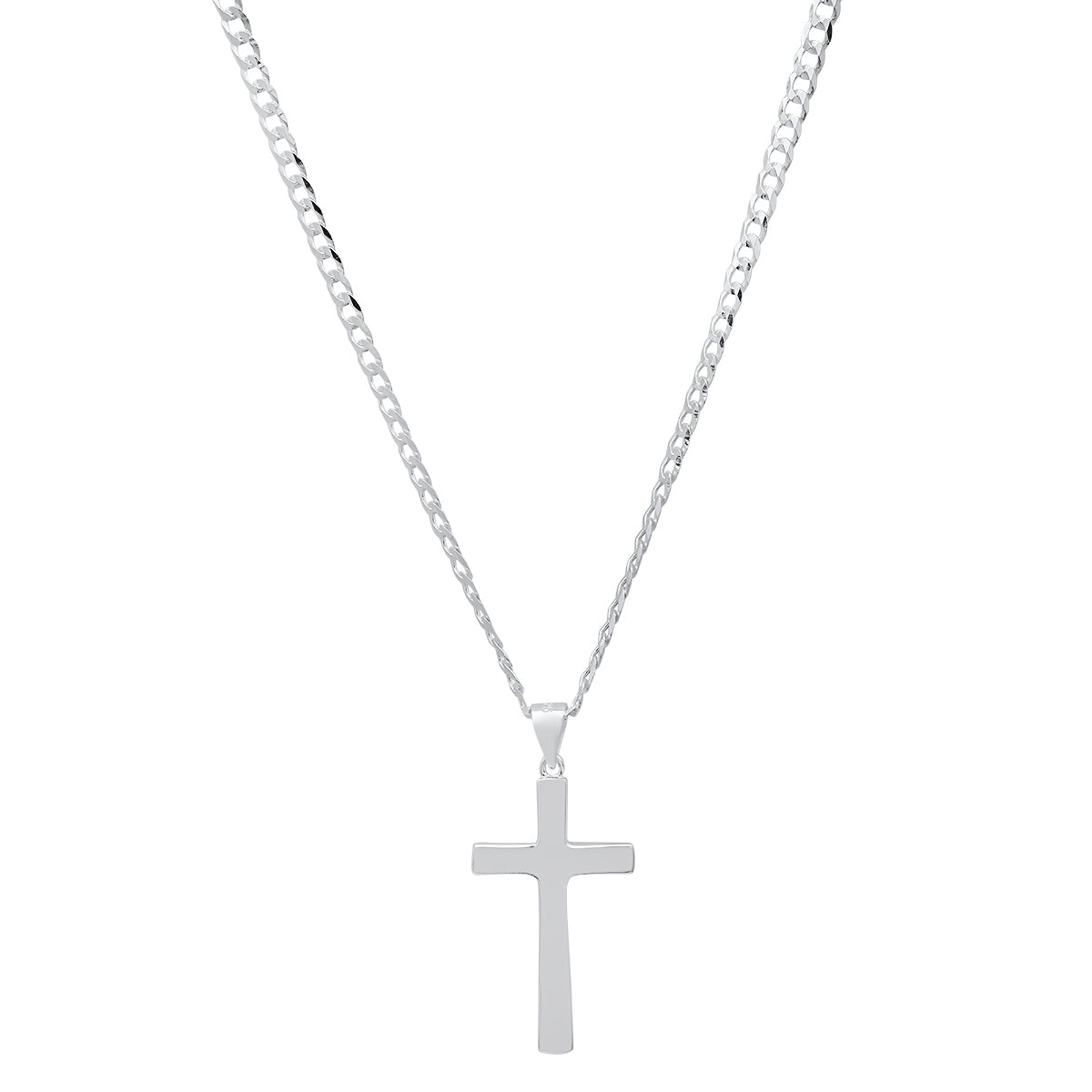 Unisex Sterling Silver Cuban Super Flat Chain And Cross Pendant