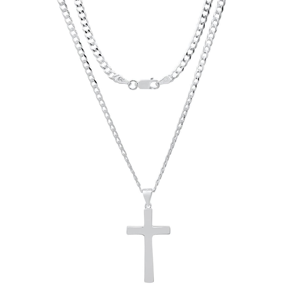 Unisex Sterling Silver Cuban Super Flat Chain And Cross Pendant