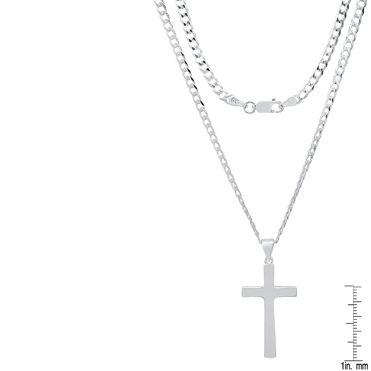 Unisex Sterling Silver Cuban Super Flat Chain And Cross Pendant
