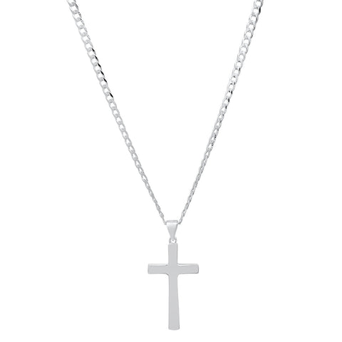 Unisex Sterling Silver Cuban Super Flat Chain And Cross Pendant