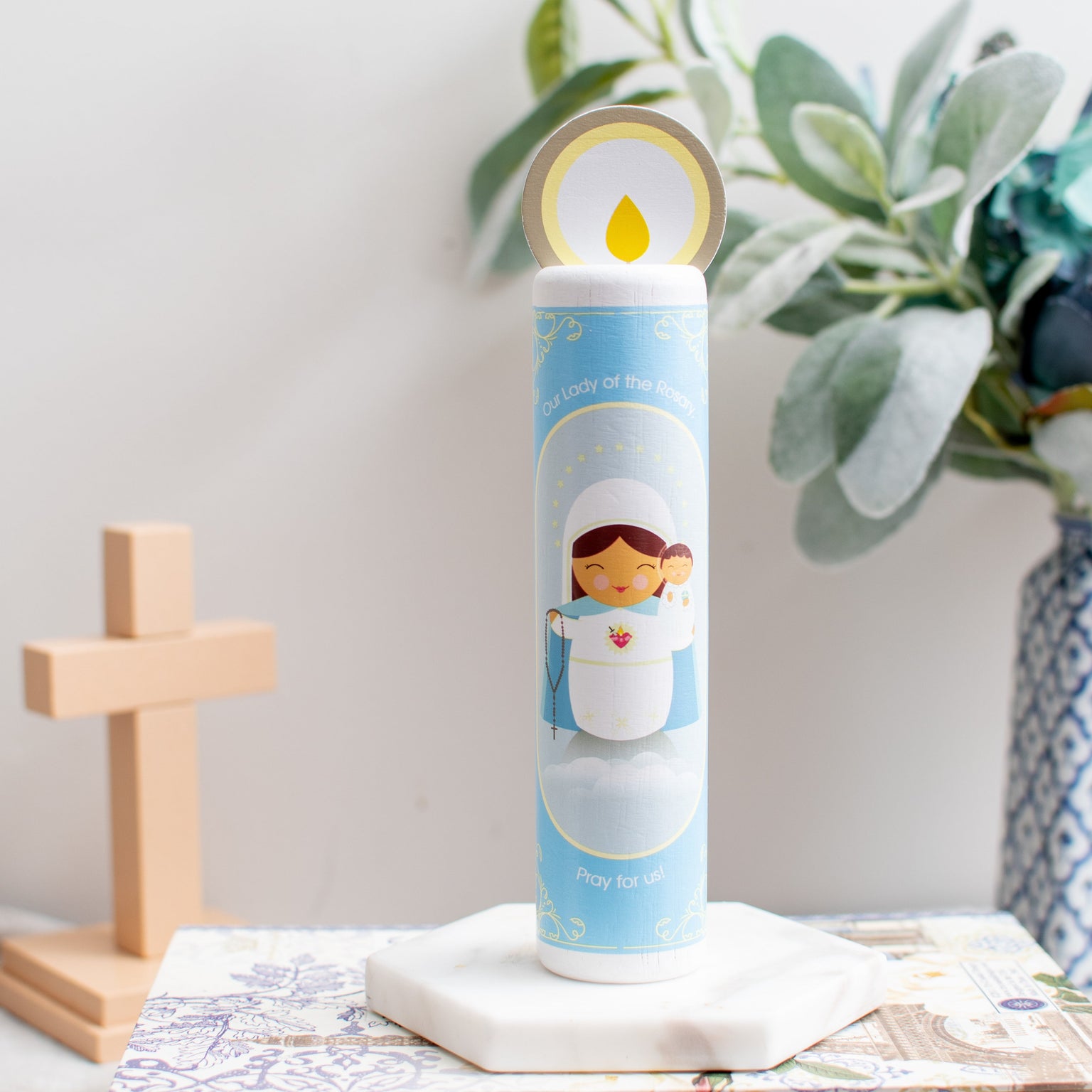 Our Lady of the Rosary (Hail Mary) Wooden Prayer Candle