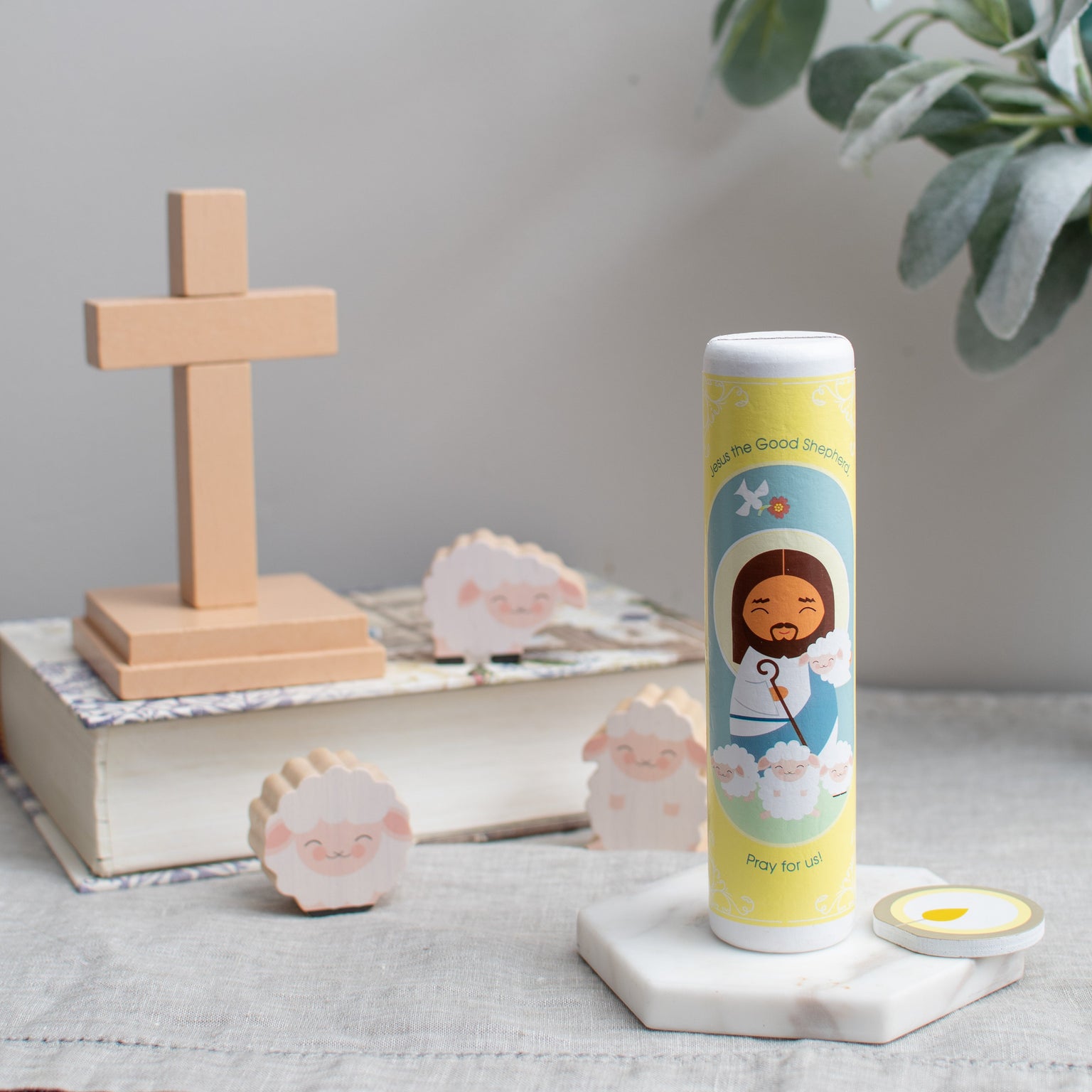 Jesus Christ, the Good Shepherd (The Our Father) Wooden Prayer Candle