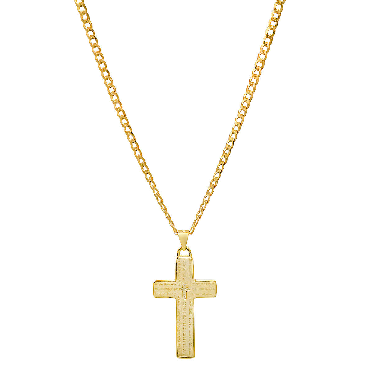 Unisex Sterling Silver Cuban Super Flat Chain And Lord'S Prayer Cross Pendant