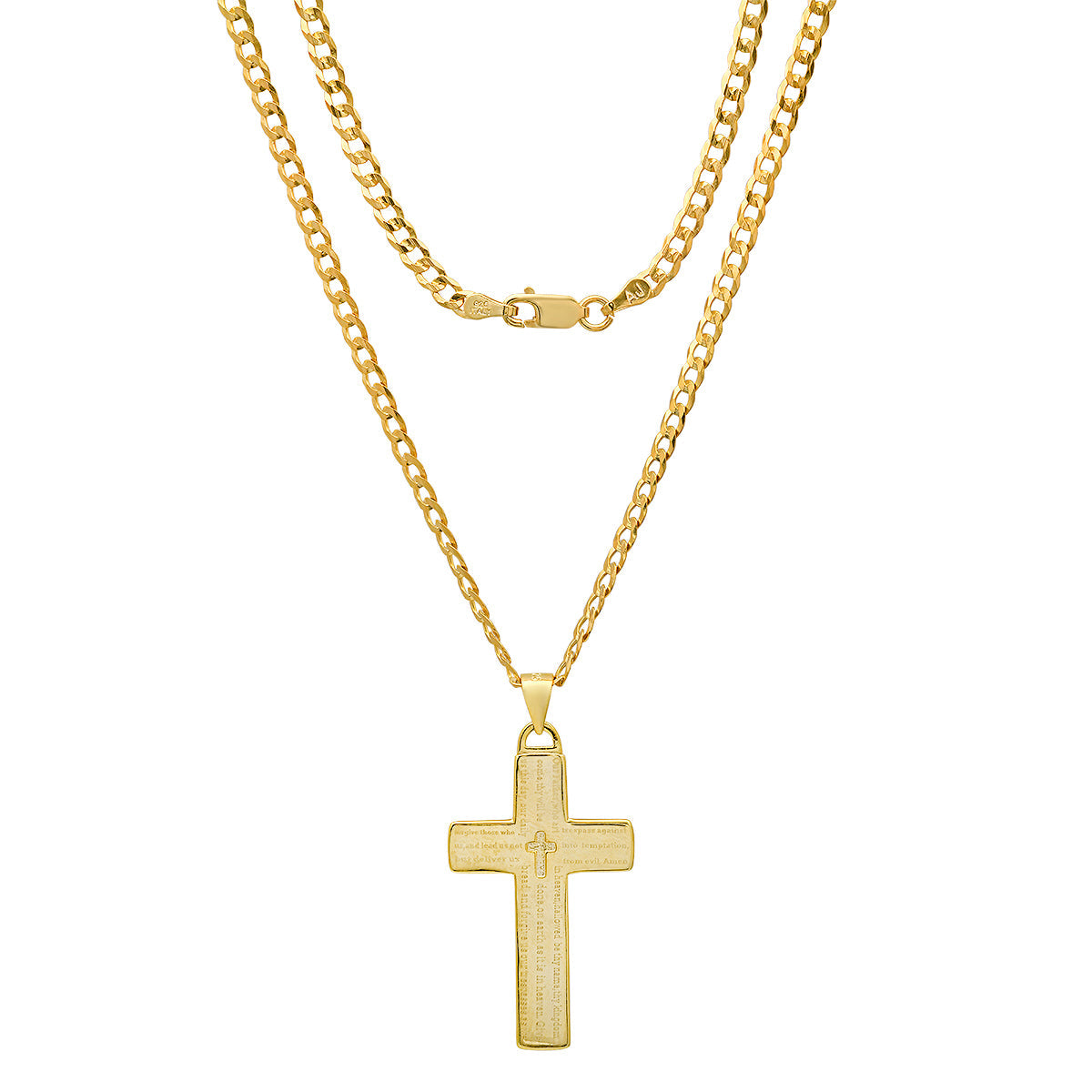 Unisex Sterling Silver Cuban Super Flat Chain And Lord'S Prayer Cross Pendant