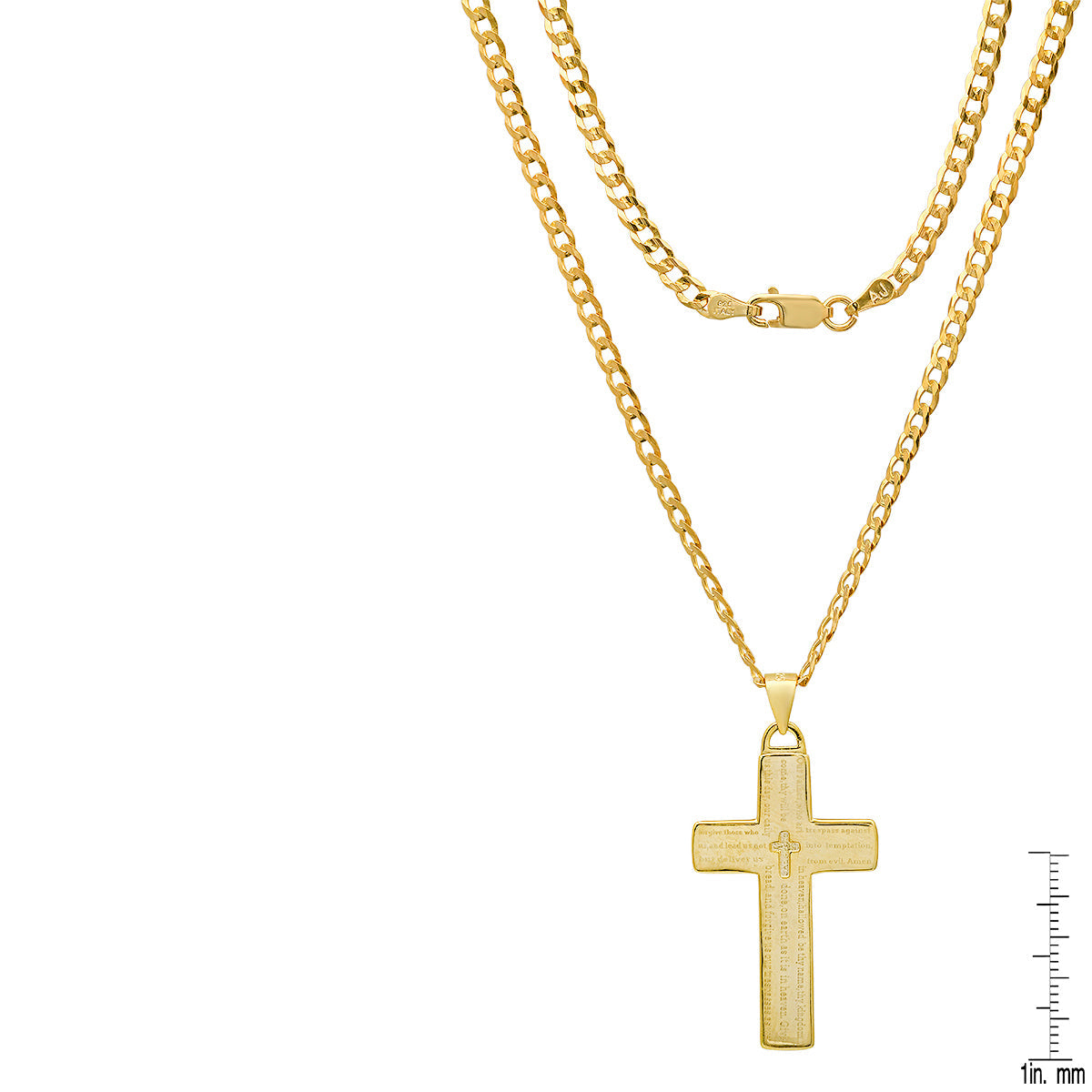 Unisex Sterling Silver Cuban Super Flat Chain And Lord'S Prayer Cross Pendant