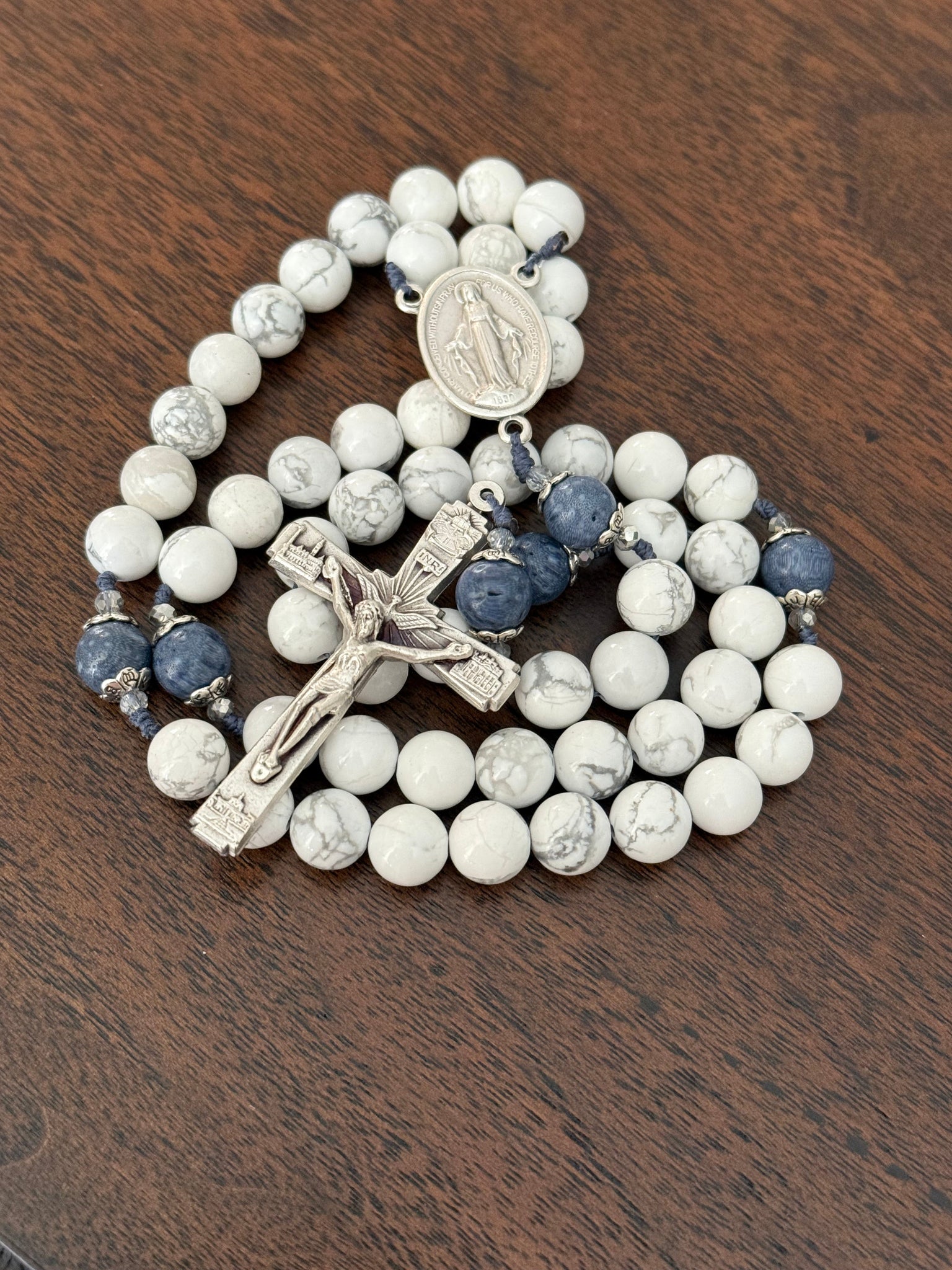 Handmade Gemstone Rosary Howlite & Sponge Coral Beads