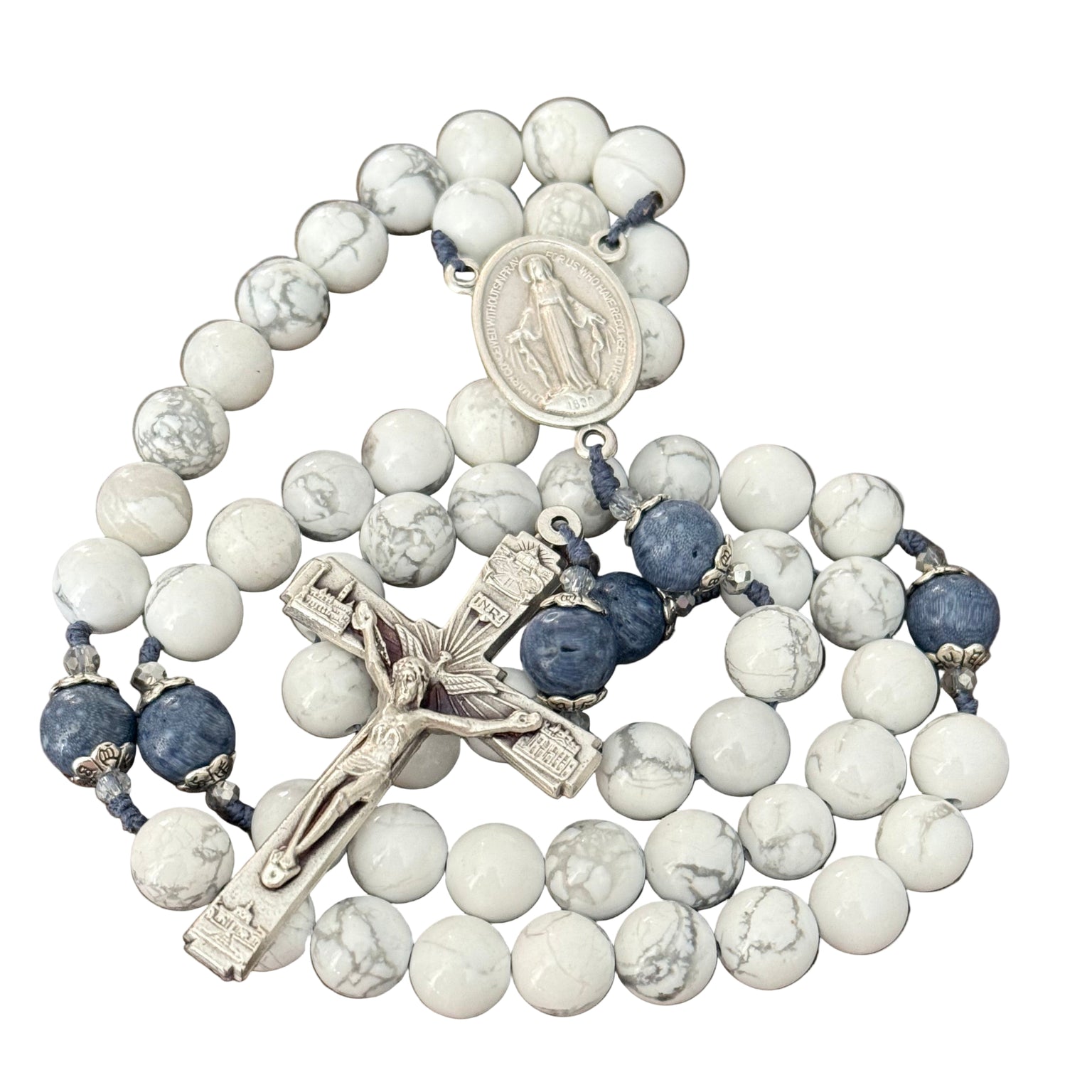 Handmade Gemstone Rosary Howlite & Blue Sponge Coral Beads Bundle