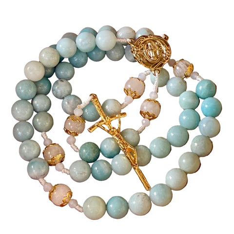 Handmade Gemstone Rosary Amazonite & White Moonstone Beads Bundle