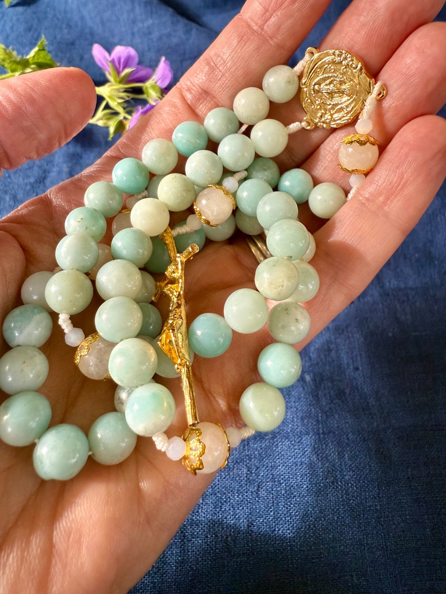 Handmade Gemstone Rosary Amazonite & White Moonstone Beads Bundle