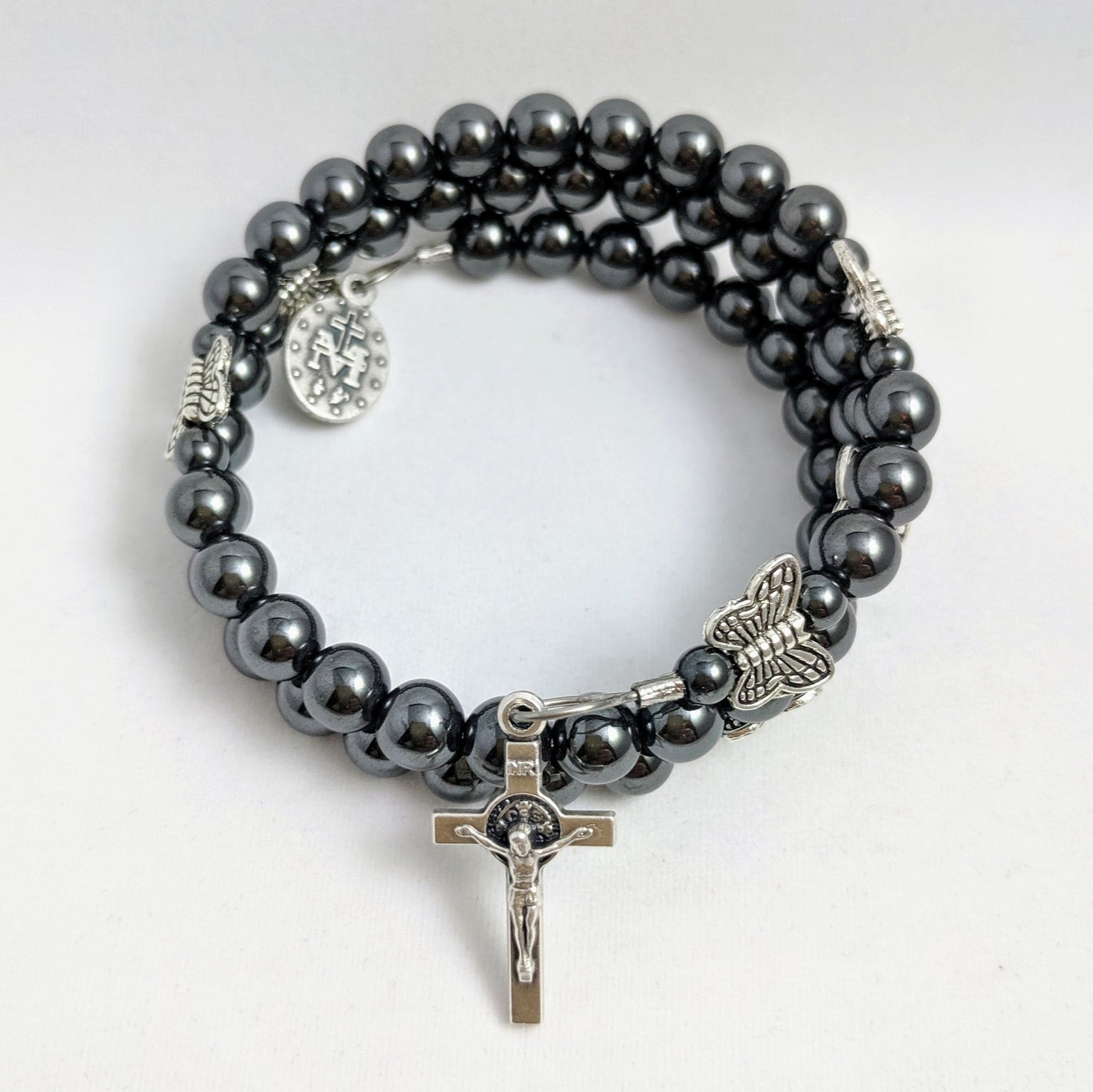 Silver Butterfly Rosary Bracelet Wrap