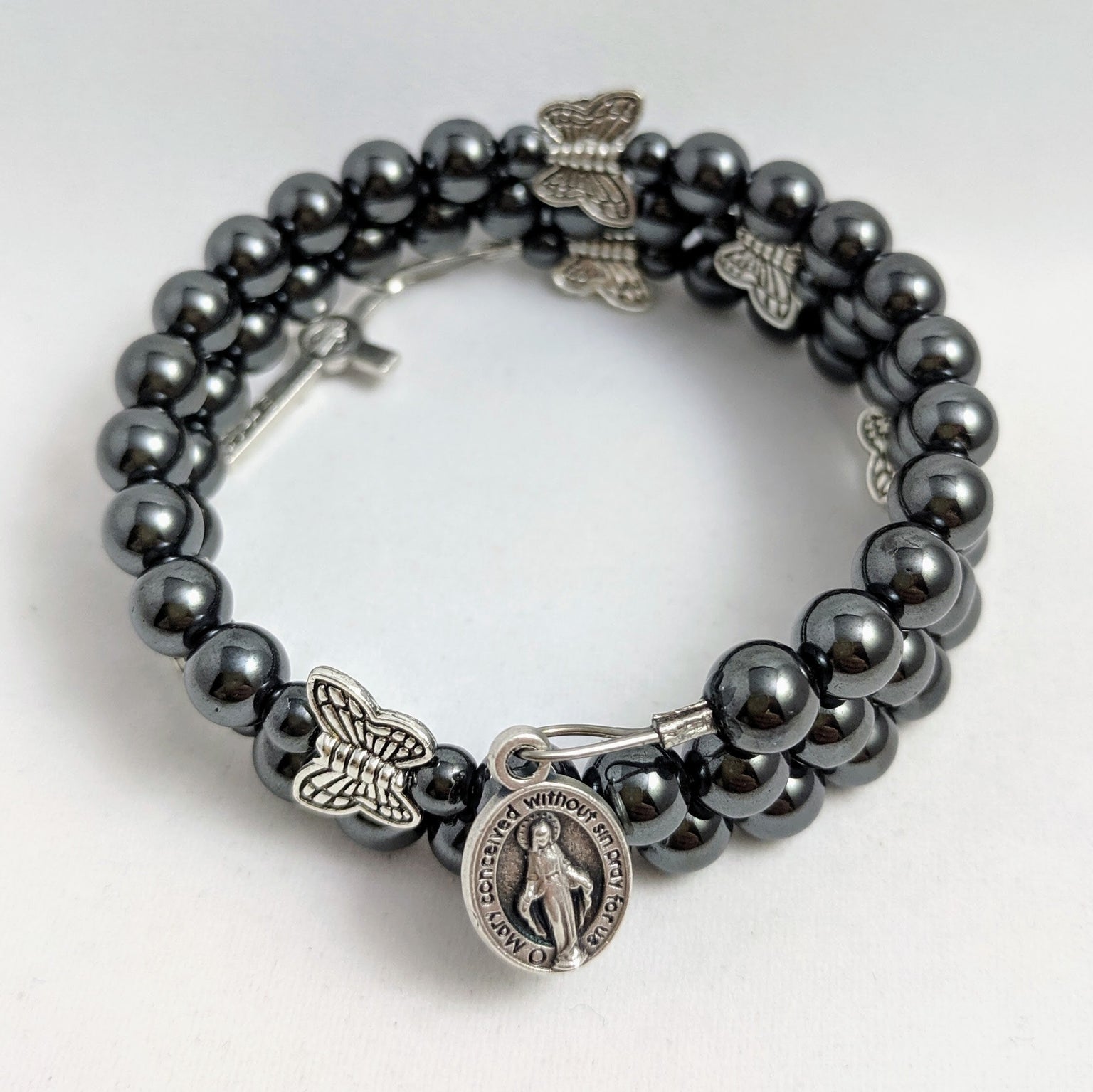 Silver Butterfly Rosary Bracelet Wrap