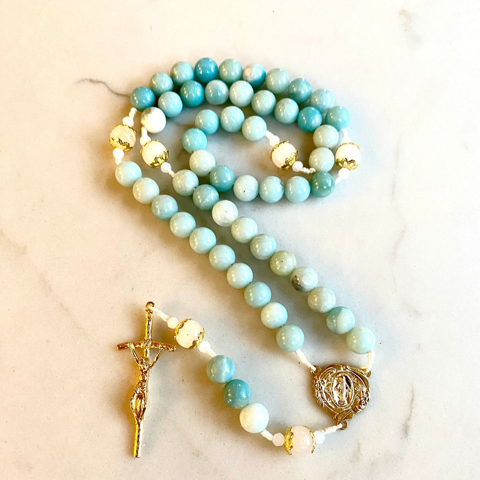Handmade Gemstone Rosary Amazonite & White Moonstone Beads Bundle