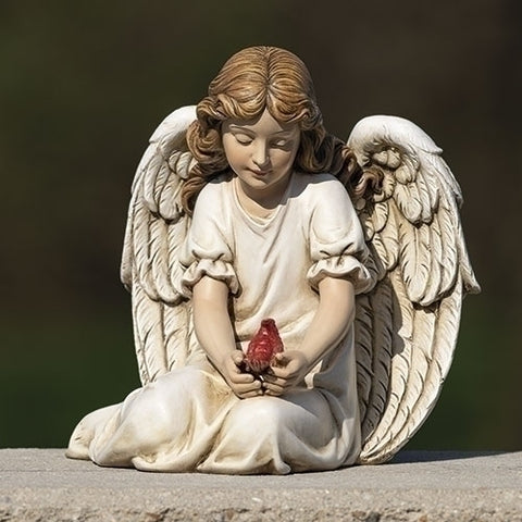 9"H Kneeling Angel With Cardinal Garden Statue