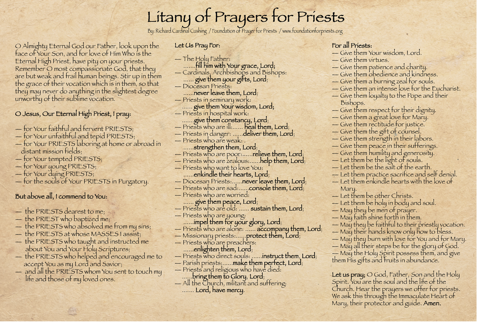 NEW! Litany of Prayers for Priests  - Prayer Card / 3" x 6" folded (c)